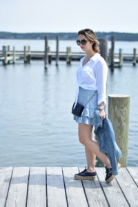 denim jacket- ruffle skirt-hm-superga