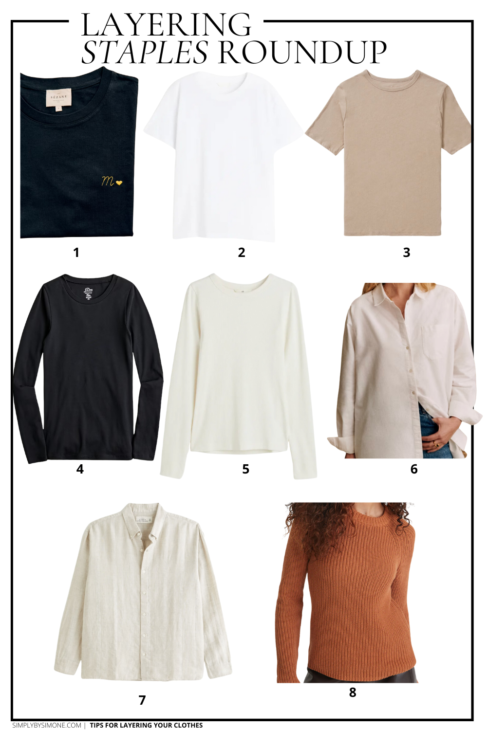 Collage of 8 Items To Use For Layering Your Clothing