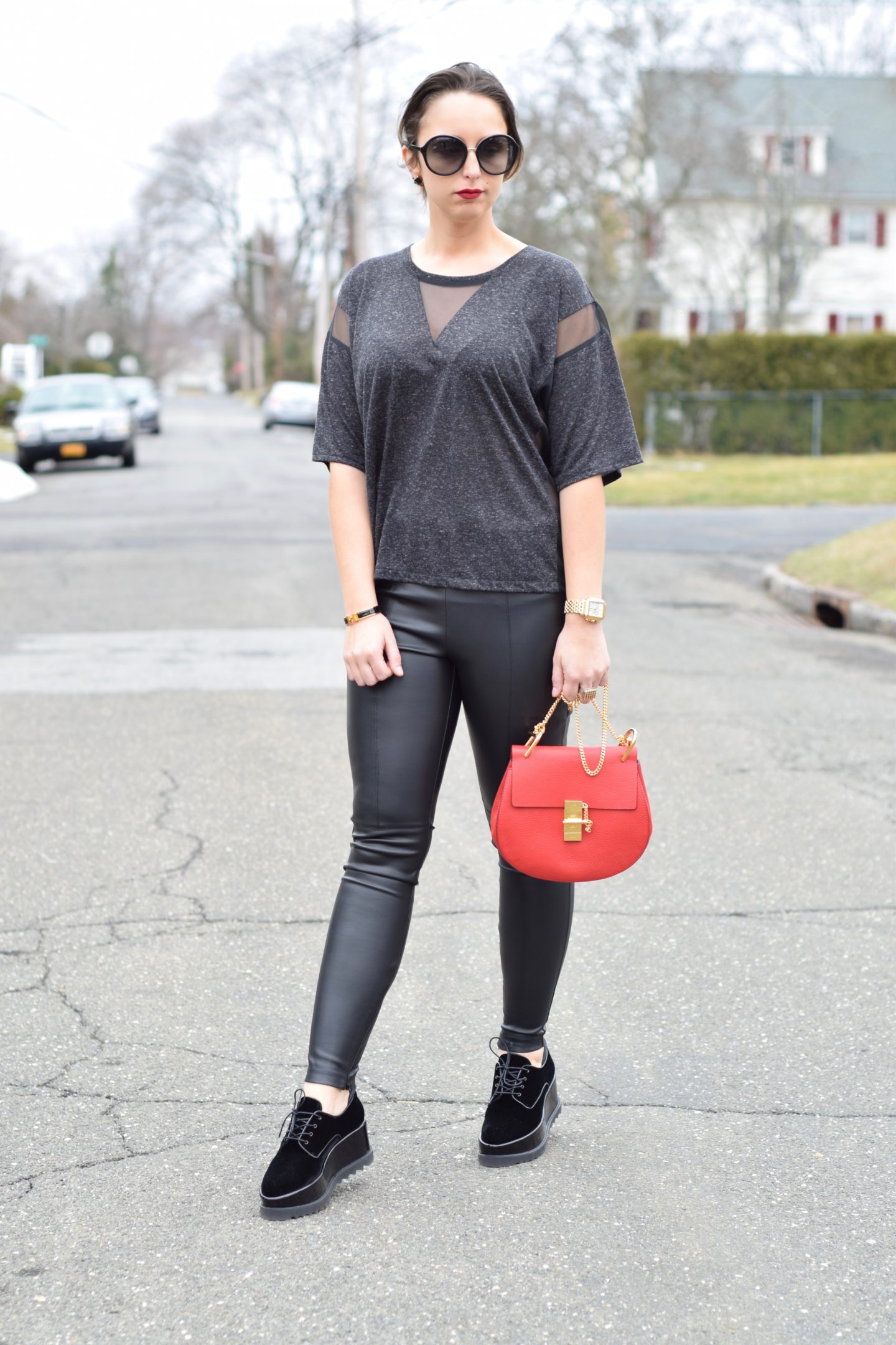 chloe drew bag-red bag-leather leggings