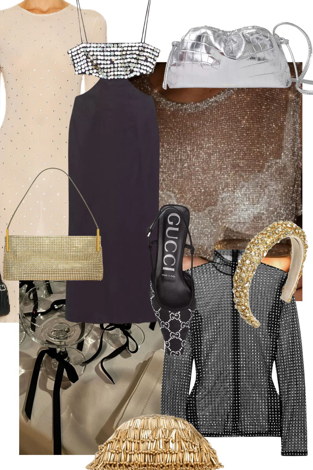 Collage of Mesh, Embellished and Sheer Fashion Items 