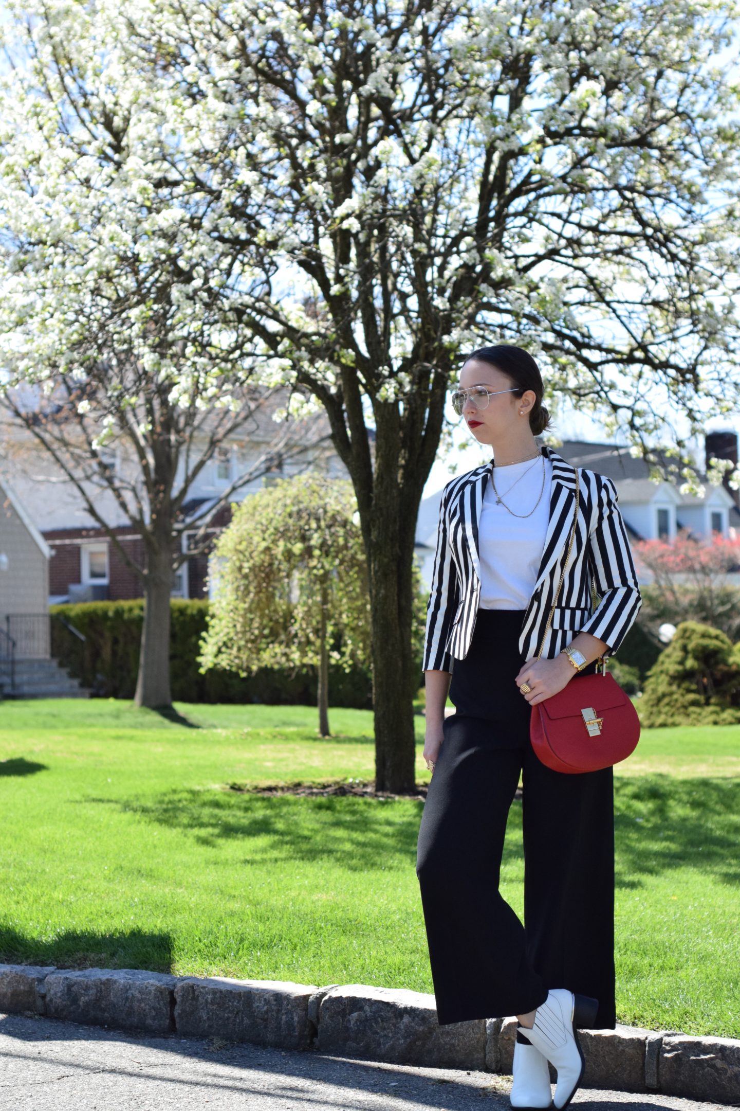 blazer-chloe bag-red bag-white booties