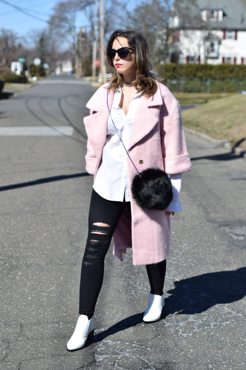 pink coat-hm blouse-j brand jeans