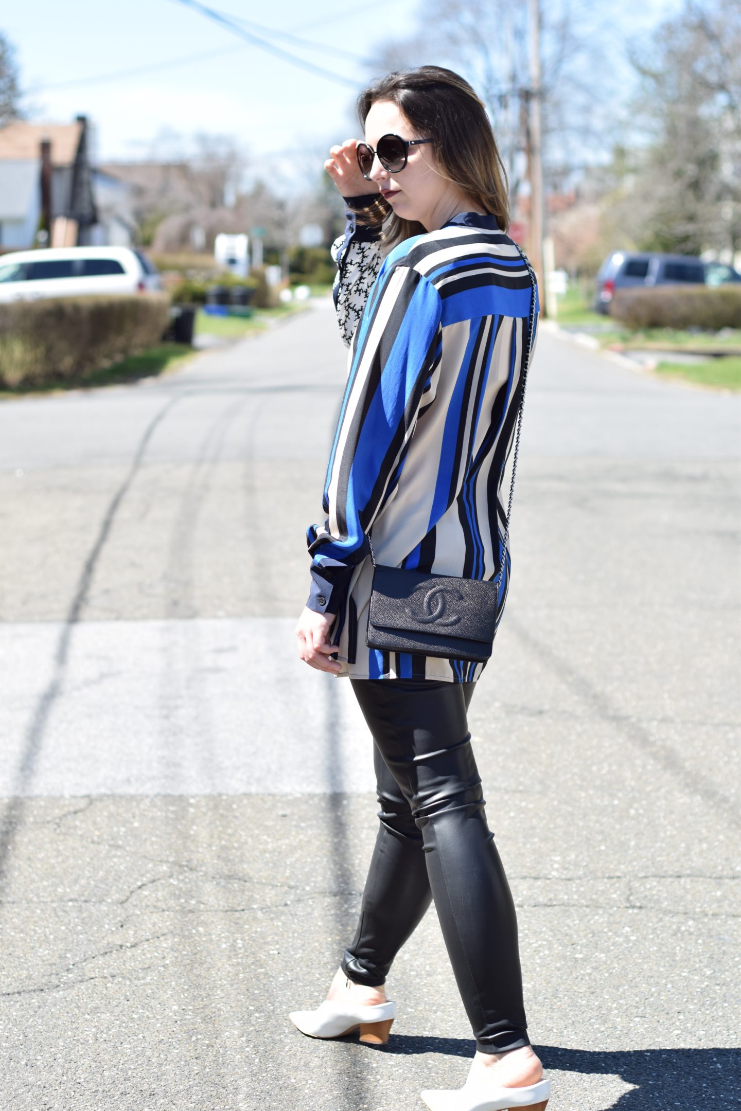 style-mixed prints-blouse-white shoes