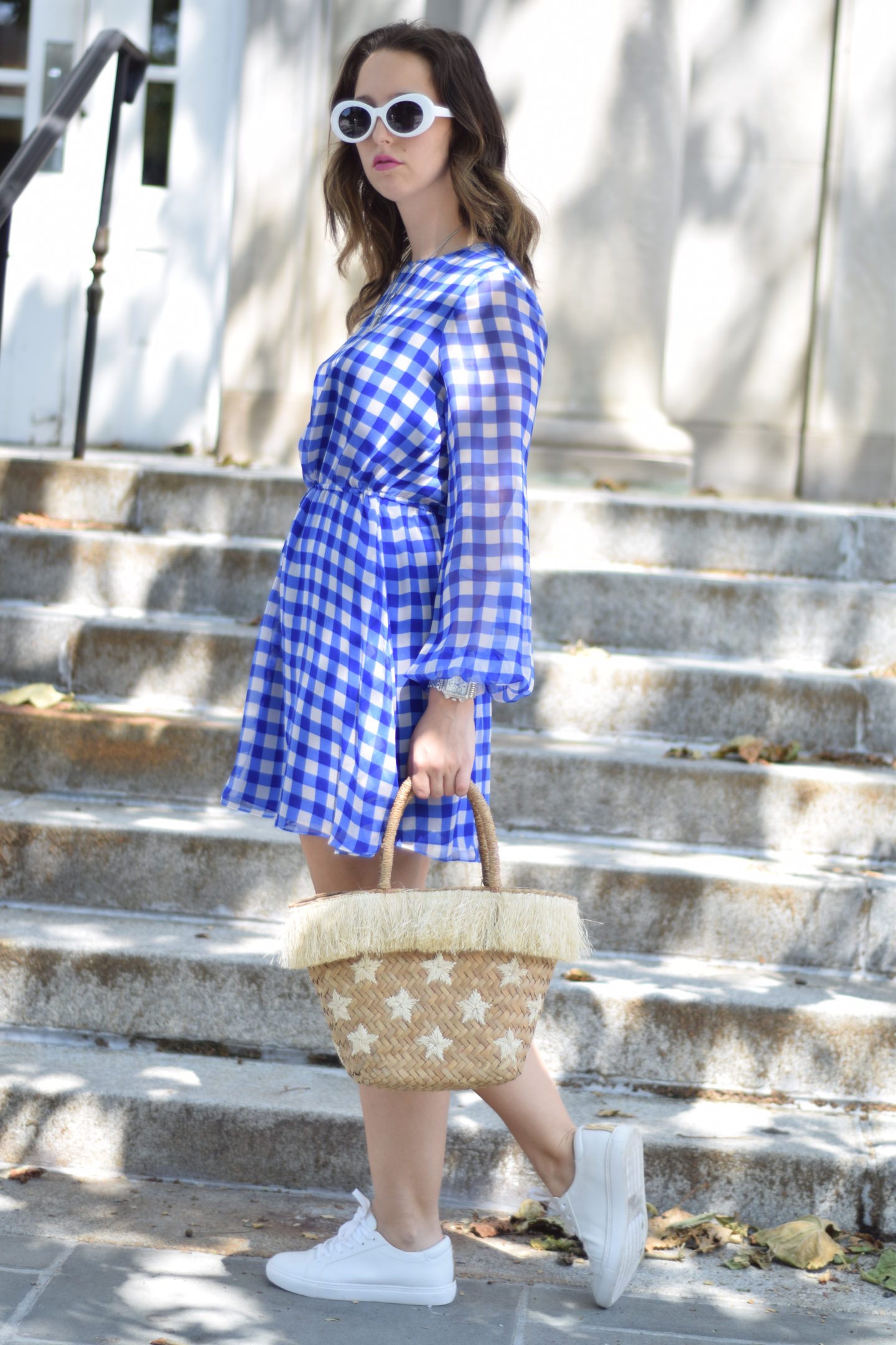 dress-sneakers-straw bag-white sunglasses