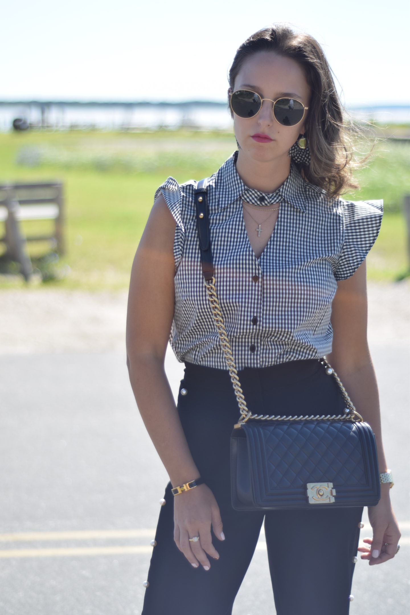 gingham top-storets-pearls-style