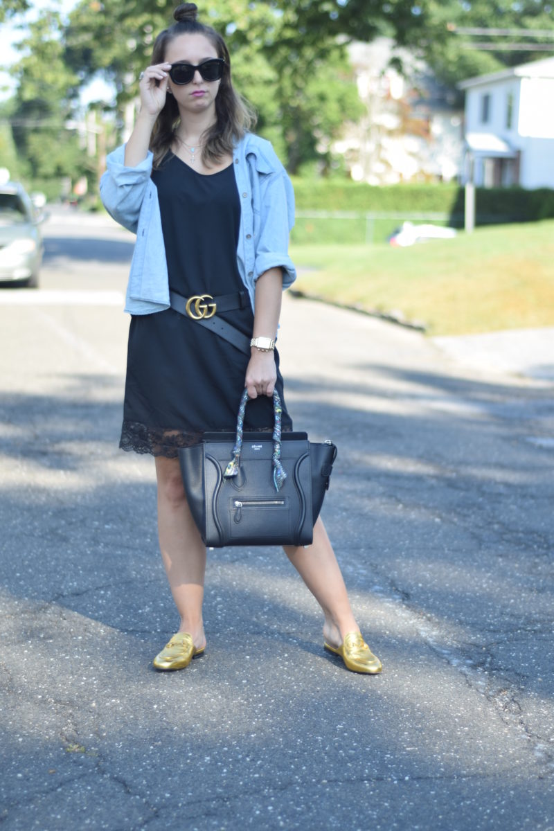 Black slipdress-gold Gucci loafers-new york-style