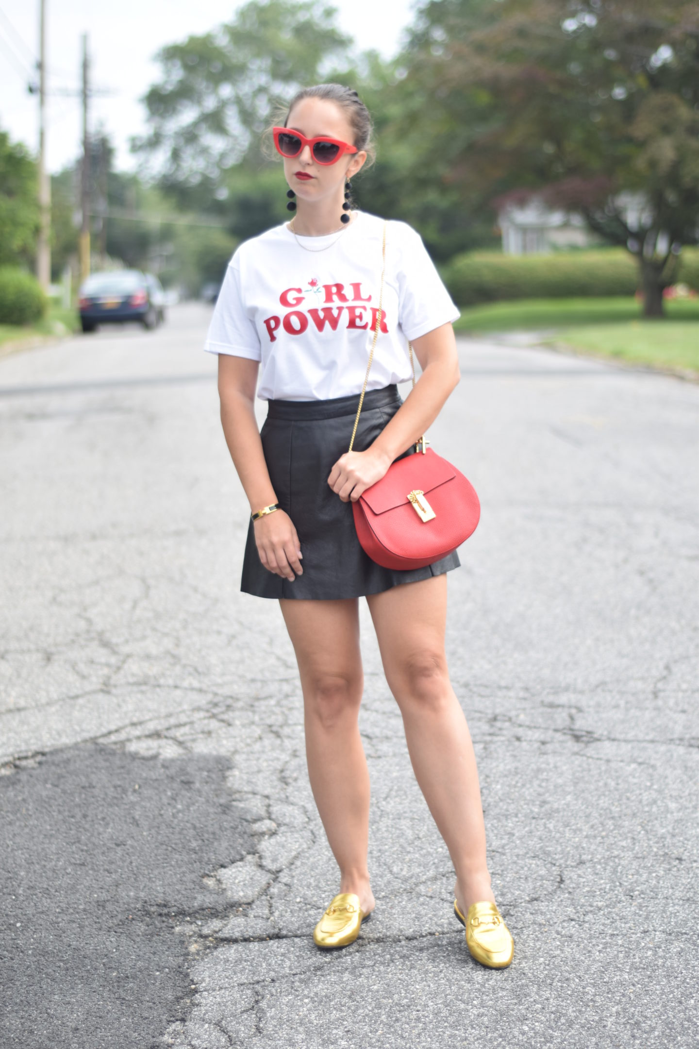 girl power tee-red sunglasses-chloe bag