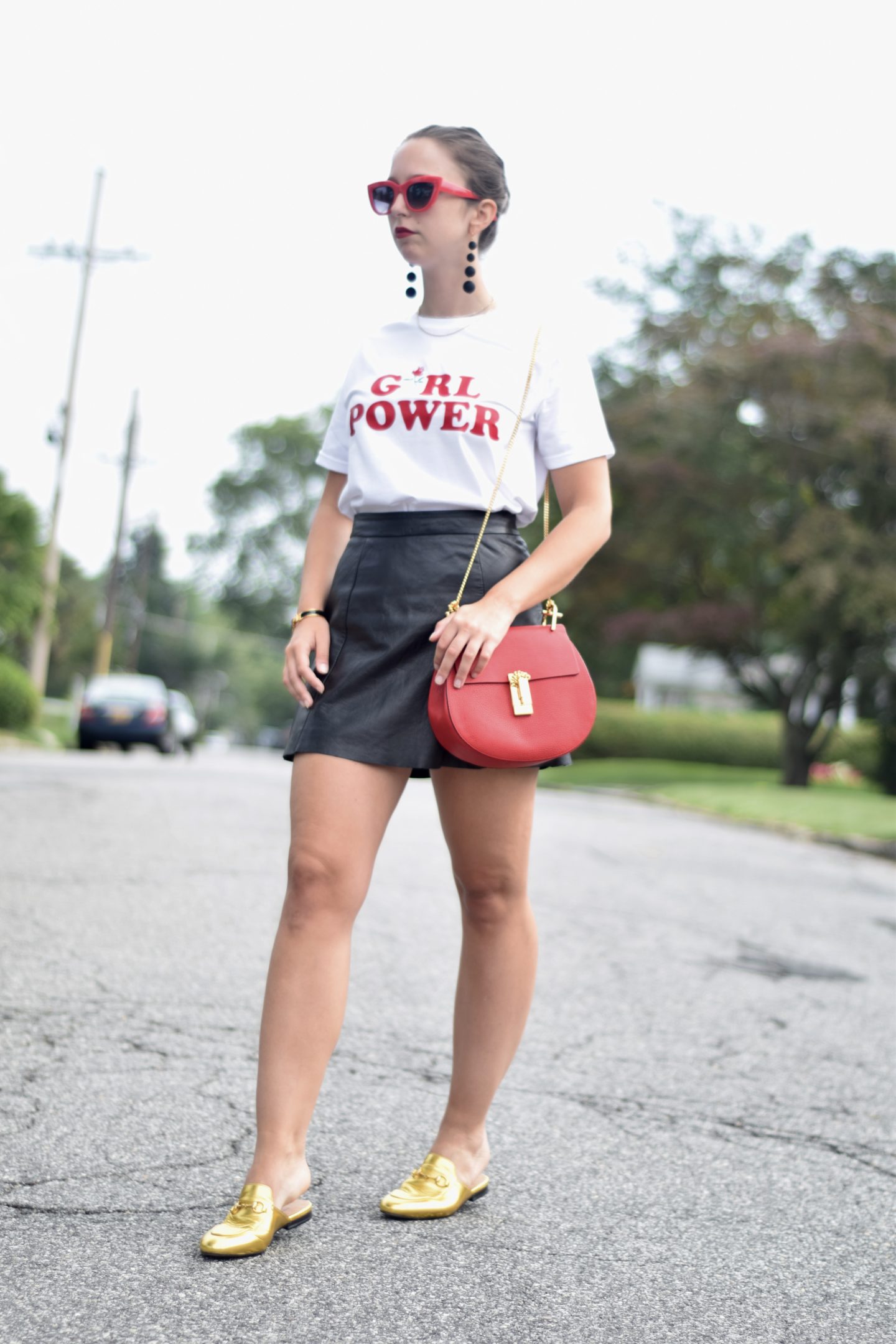 gucci loafers-leather skirt-street style