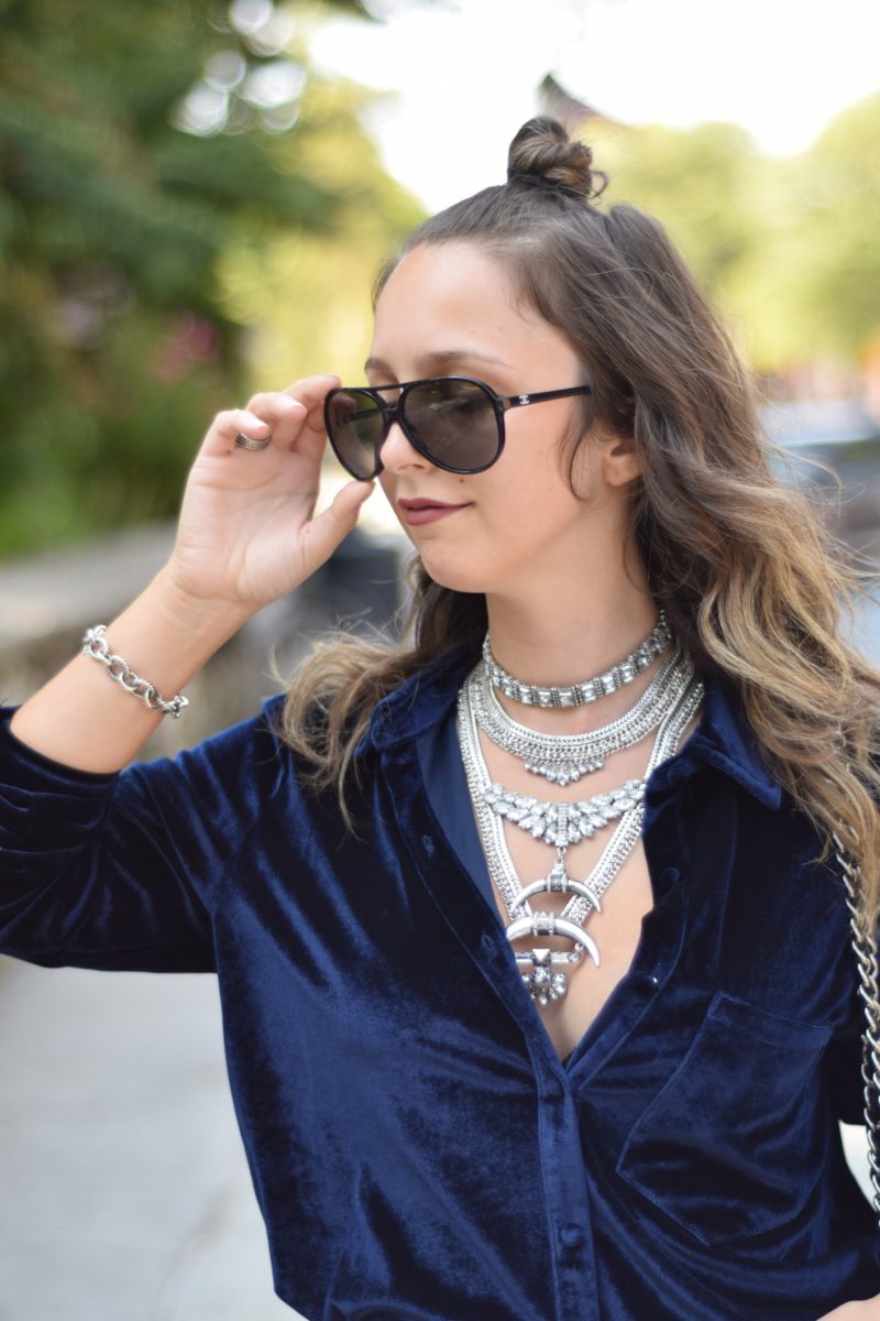 chanel aviators-bauble bar necklace-lpa-velvet blouse