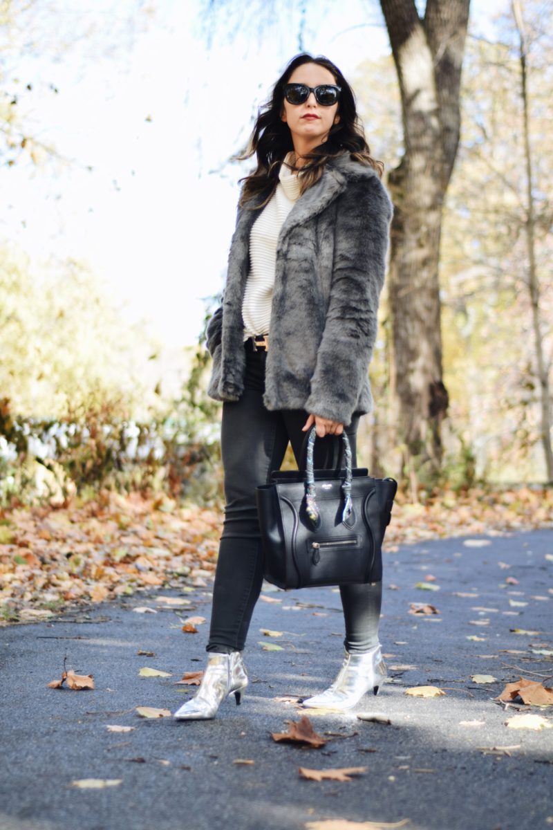 Style-faux fur coat-unreal fur-outfit-ny-Street style-blogger-silver booties