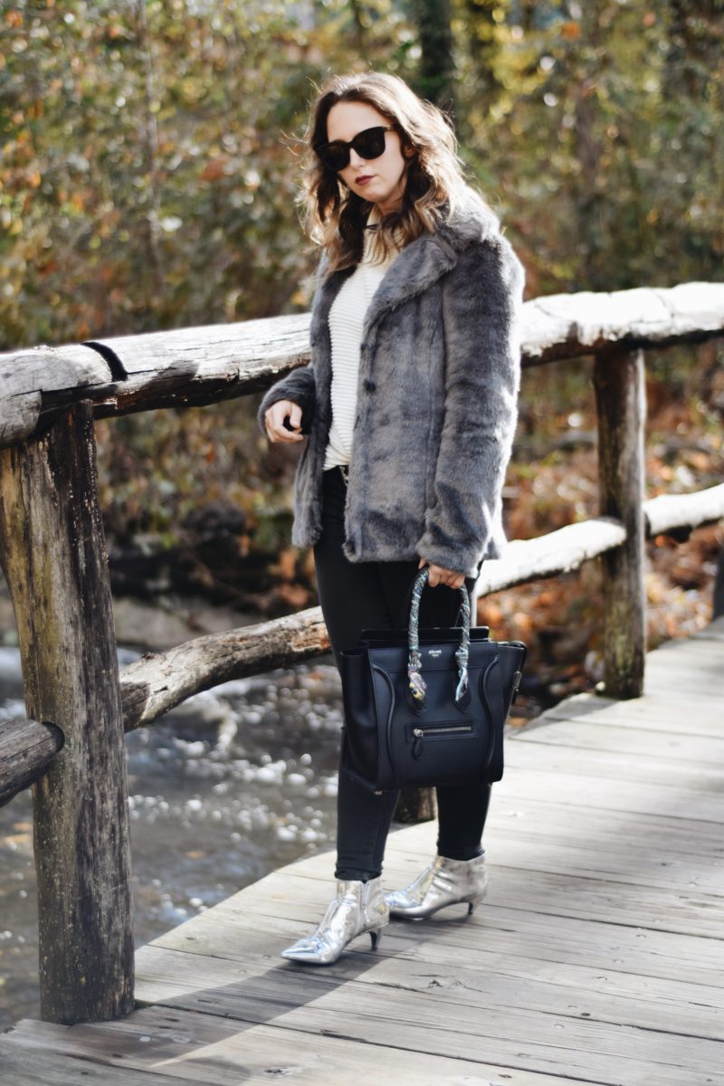 Style-faux fur coat-unreal fur-outfit-ny-Street style-blogger-silver booties