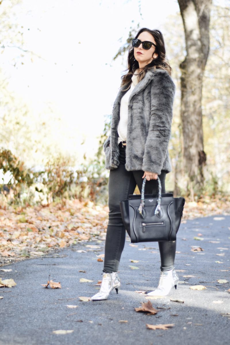 Style-faux fur coat-unreal fur-outfit-ny-Street style-blogger-silver booties