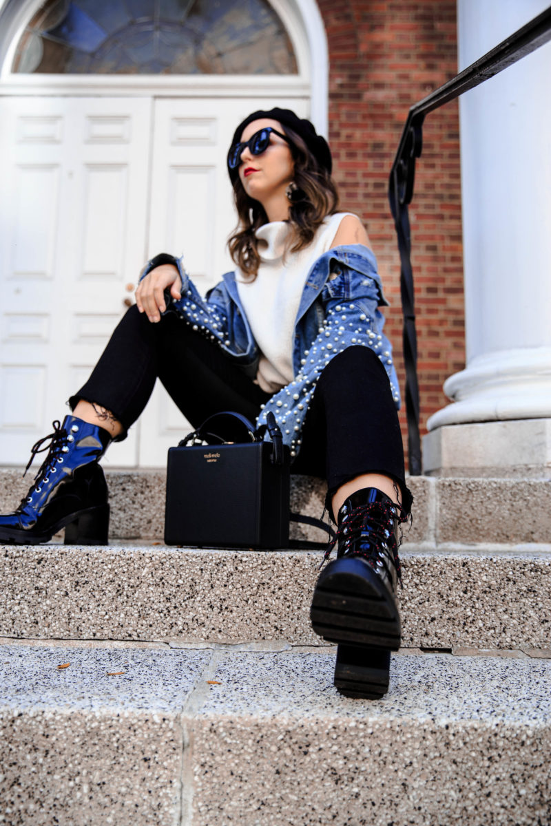 pearl jacket-style-blogger-new york-marc fisher-street style-outfit insp-frame-jeans-box bag