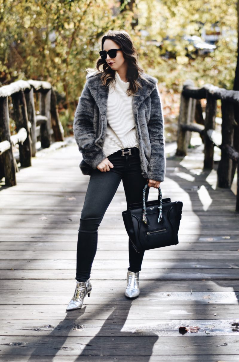 Style-faux fur coat-unreal fur-outfit-ny-Street style-blogger-silver booties