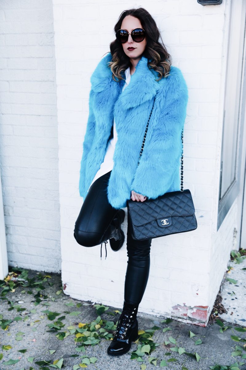 faux fur coat-street style-fashion-new york-2017-winter-outfit-dvf-leather pants-zara-chanel