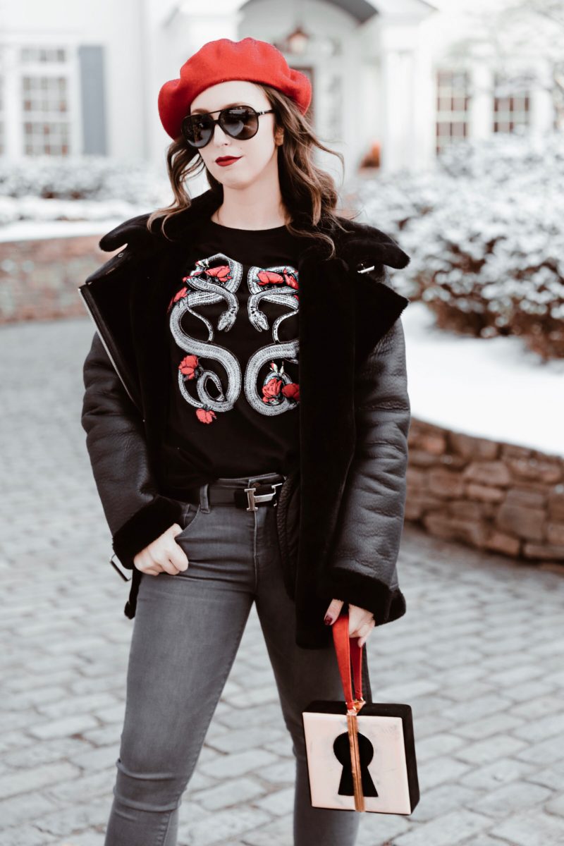 Staying Motivated-beret-pop of red-t shirt-street style-fashion-outfit-edgy style-new york-nyc-suburbs-casual outfit-ootd