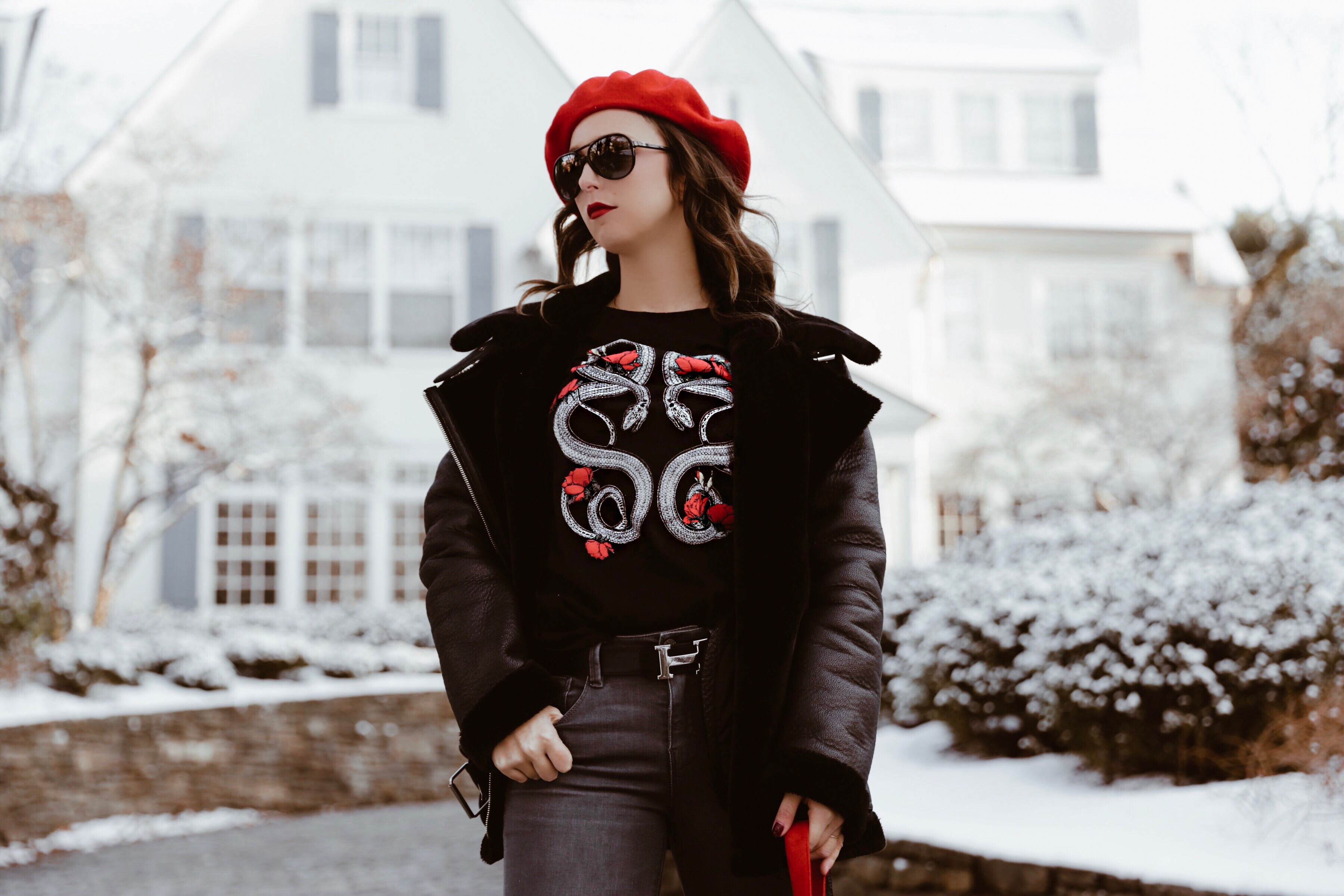 Staying Motivated-beret-pop of red-t shirt-street style-fashion-outfit-edgy style-new york-nyc-suburbs-casual outfit-ootd