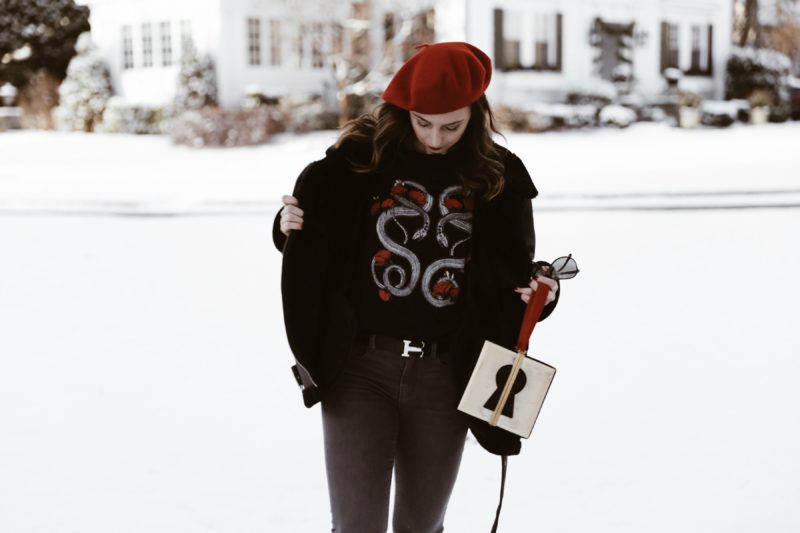 Staying Motivated-beret-pop of red-t shirt-street style-fashion-outfit-edgy style-new york-nyc-suburbs-casual outfit-ootd
