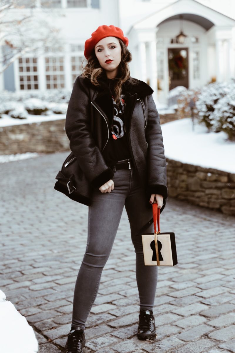 Staying Motivated-beret-pop of red-t shirt-street style-fashion-outfit-edgy style-new york-nyc-suburbs-casual outfit-ootd
