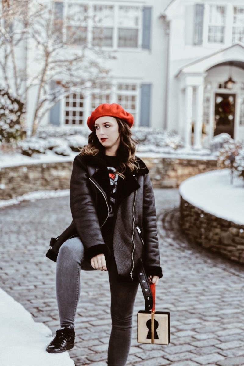 Staying Motivated-beret-pop of red-t shirt-street style-fashion-outfit-edgy style-new york-nyc-suburbs-casual outfit-ootd
