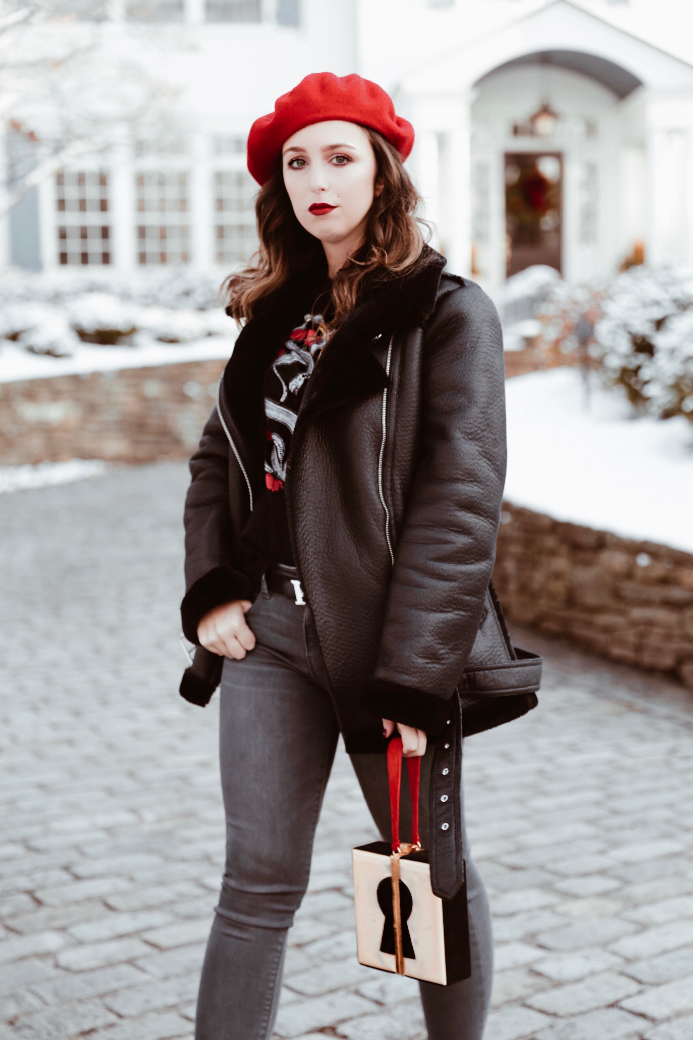 Staying Motivated-beret-pop of red-t shirt-street style-fashion-outfit-edgy style-new york-nyc-suburbs-casual outfit-ootd
