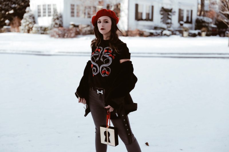 Staying Motivated-beret-pop of red-t shirt-street style-fashion-outfit-edgy style-new york-nyc-suburbs-casual outfit-ootd