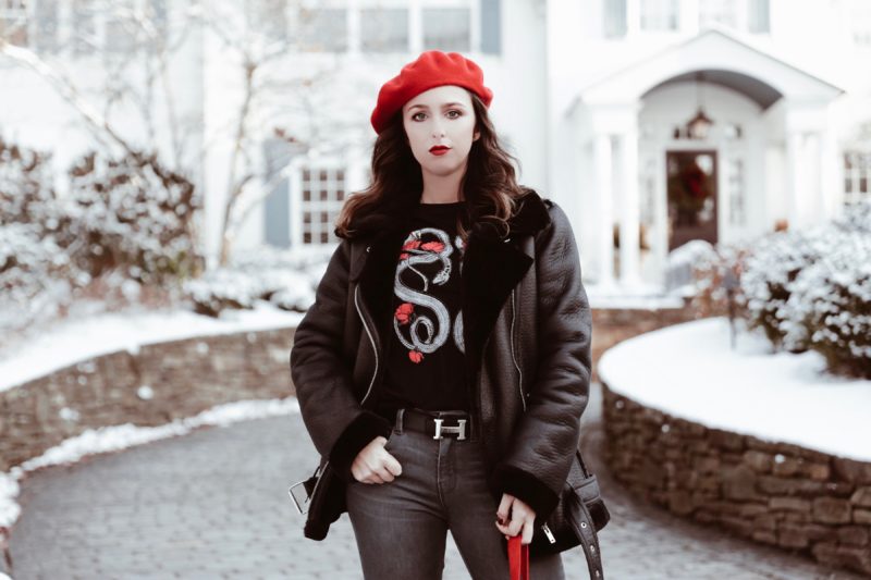 Staying Motivated-beret-pop of red-t shirt-street style-fashion-outfit-edgy style-new york-nyc-suburbs-casual outfit-ootd