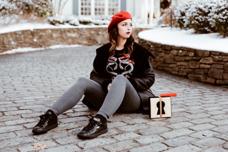 Staying Motivated-beret-pop of red-t shirt-street style-fashion-outfit-edgy style-new york-nyc-suburbs-casual outfit-ootd