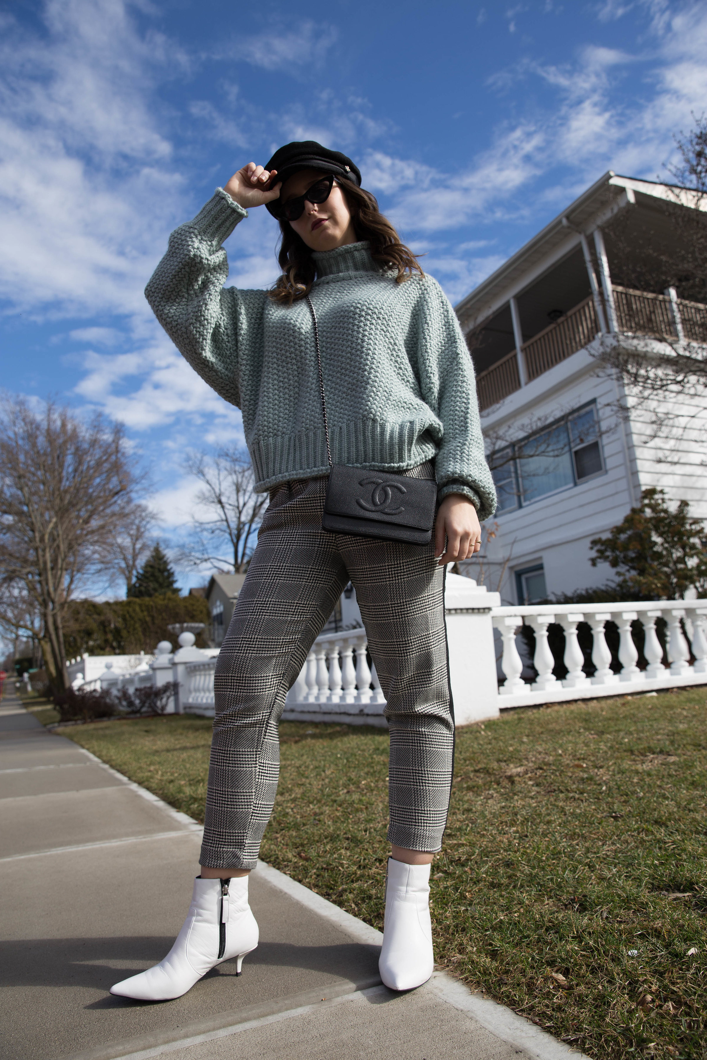 amanda elle-street style-westchester county-blogger-fashion-plaid pants-white booties-chanel-winter-style-westchester 101