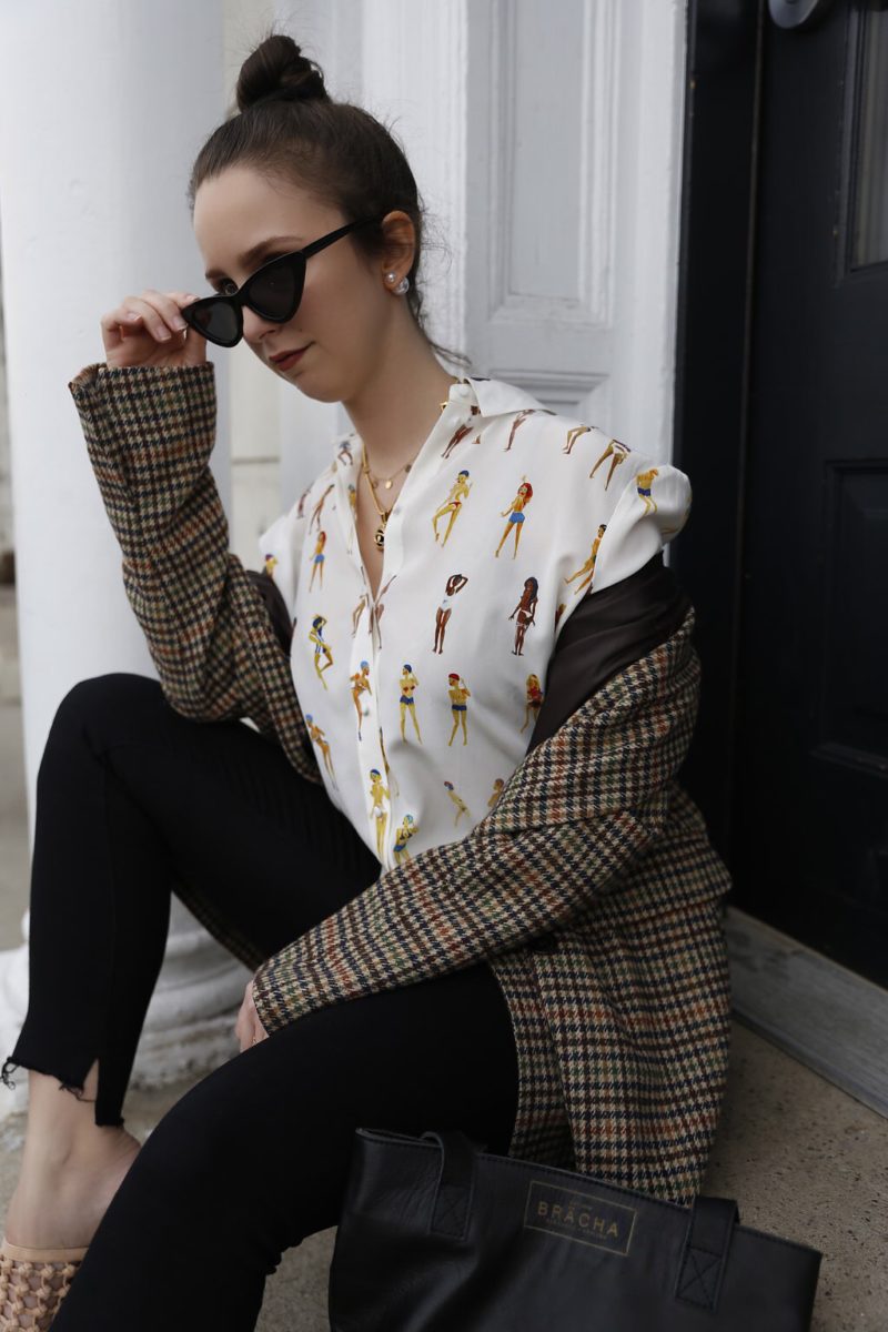street style-check coat-spring style-outfit-tote bag-sezane-vintage