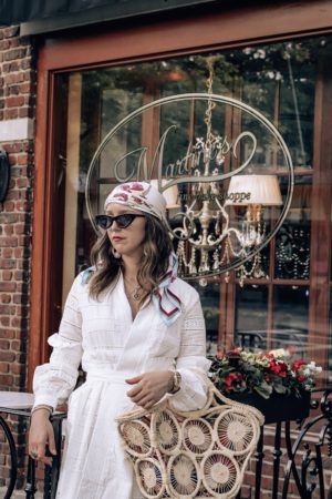 vintage style-head scarf-straw bag-style-westchester-outfit-fashion-inspiration-chicwish-close up-details