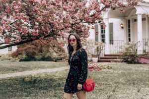 westchester county-blogger-spring-flowers-tobi-cherry dress-tobi earrings-red sunglasses