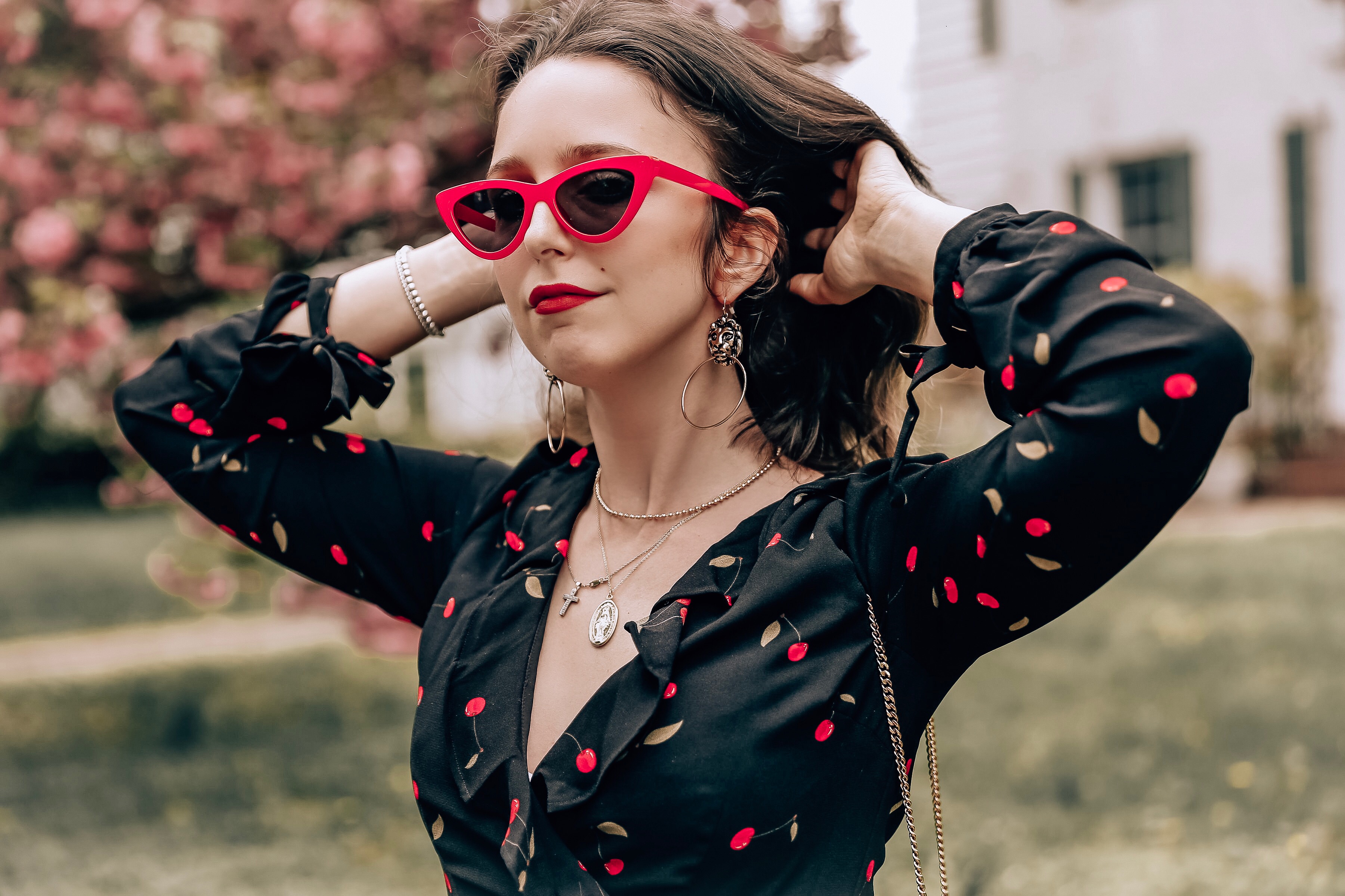 westchester county-blogger-spring-flowers-tobi-cherry dress-tobi earrings-red sunglasses