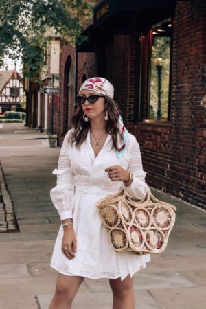 vintage style-head scarf-straw bag-style-westchester-outfit-fashion-inspiration-chicwish