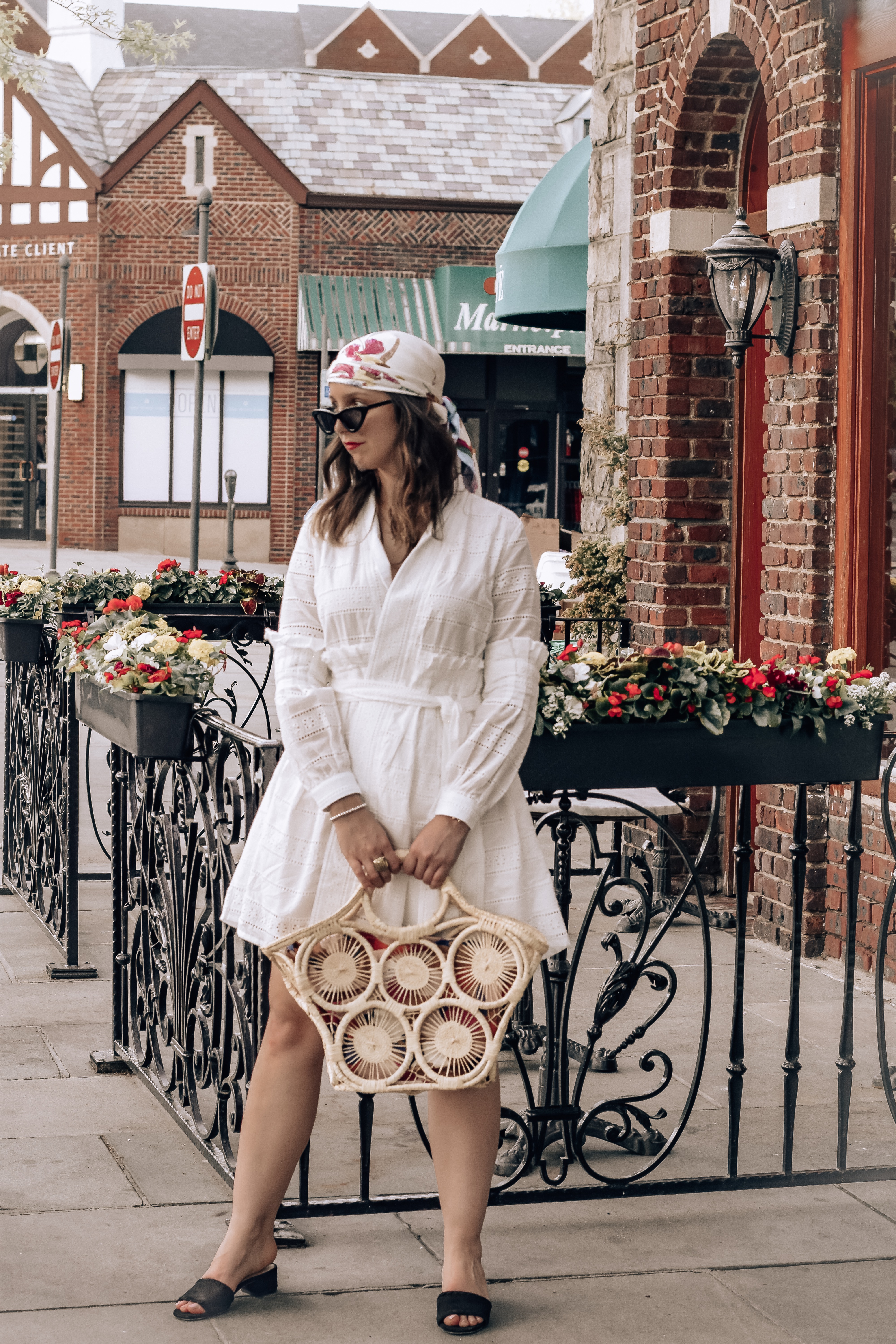 vintage style-head scarf-straw bag-style-westchester-outfit-fashion-inspiration-chicwish-little white dress