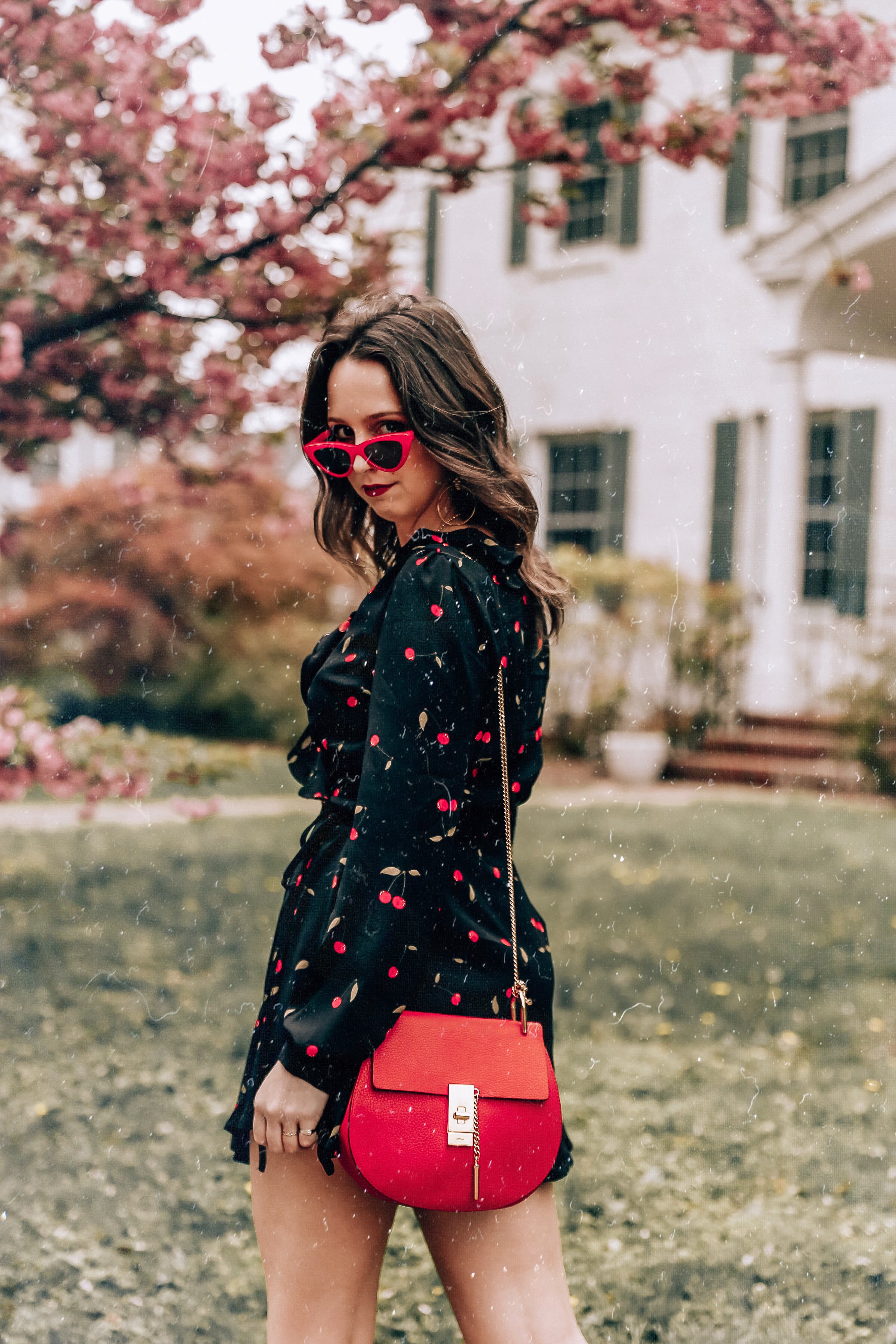 westchester county-blogger-spring-flowers-tobi-cherry dress-tobi earrings-red sunglasses