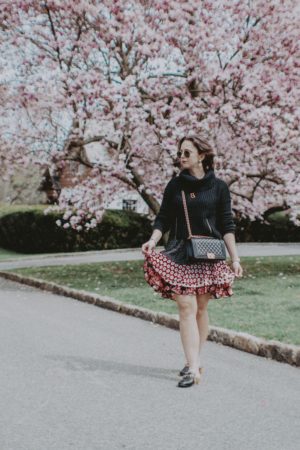 One Dress Three Ways-Cost Per Wear-Look 1-Sweater with Dress-DVF- #costperwear #blogger #springstyle #dress #style