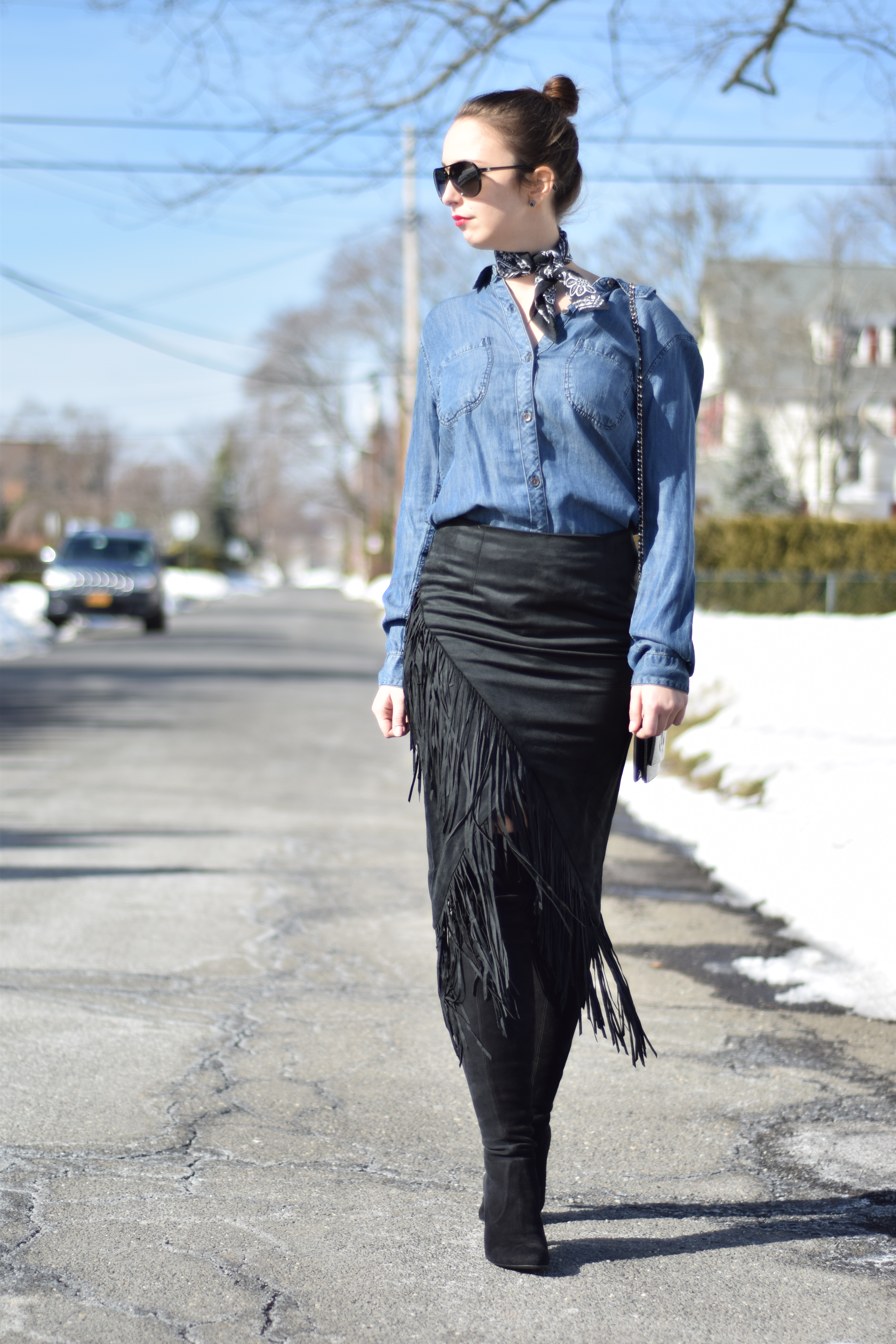 Rewear - Styling Interesting Items Again-Stuart Weitzman Boots-Fringe Skirt-Denim Shirt-Spring Style-Fall Style-Outfit-Westchester-Chanel