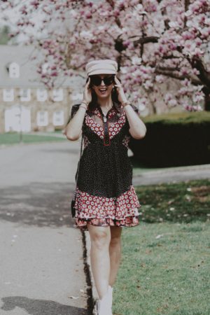 One Dress Three Ways-Cost Per Wear-Look 2-Baker Boy Cap White Booties with Dress-DVF- #costperwear #blogger #springstyle #dress #style