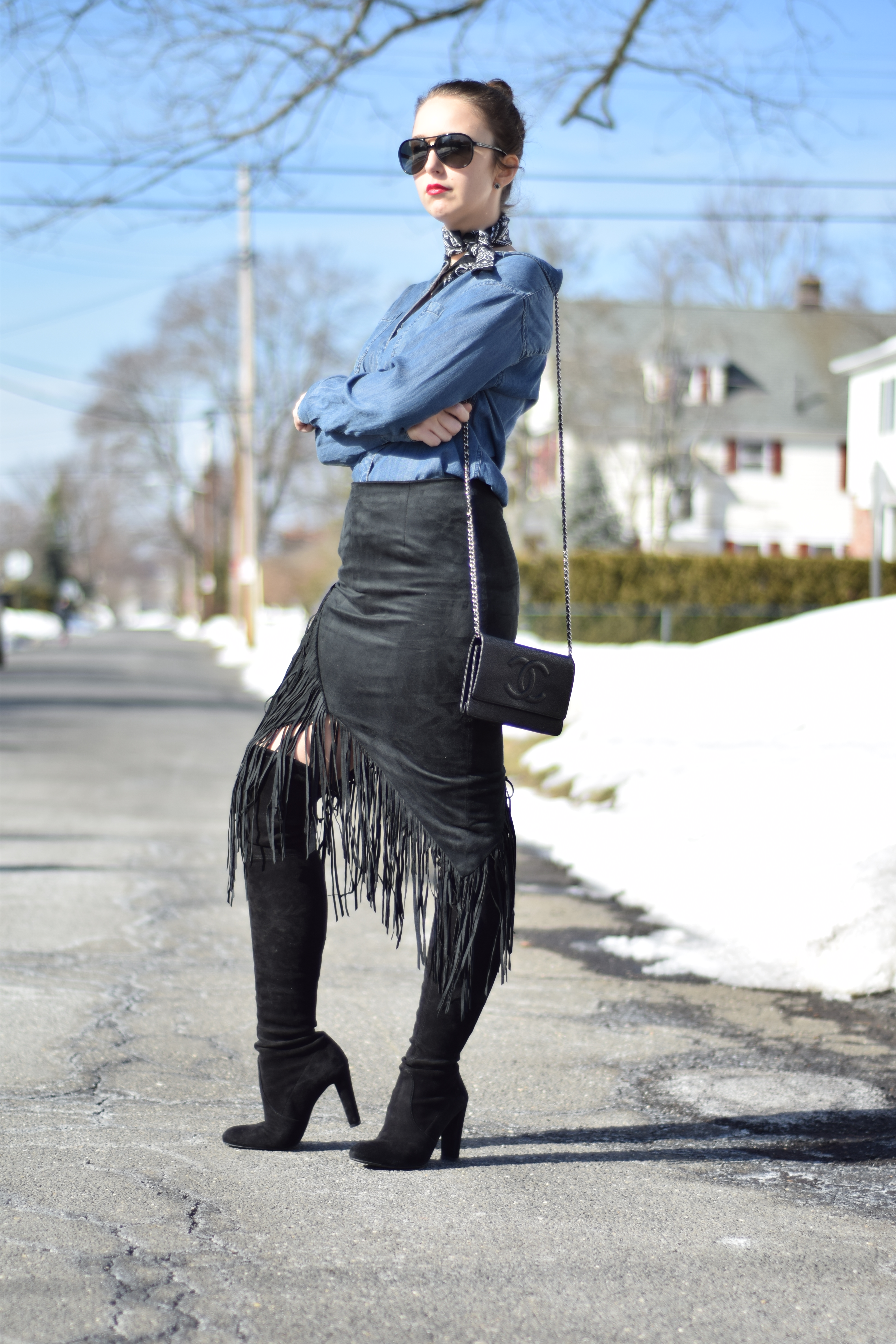 Rewear - Styling Interesting Items Again-Stuart Weitzman Boots-Fringe Skirt-Denim Shirt-Spring Style-Fall Style-Outfit-Westchester