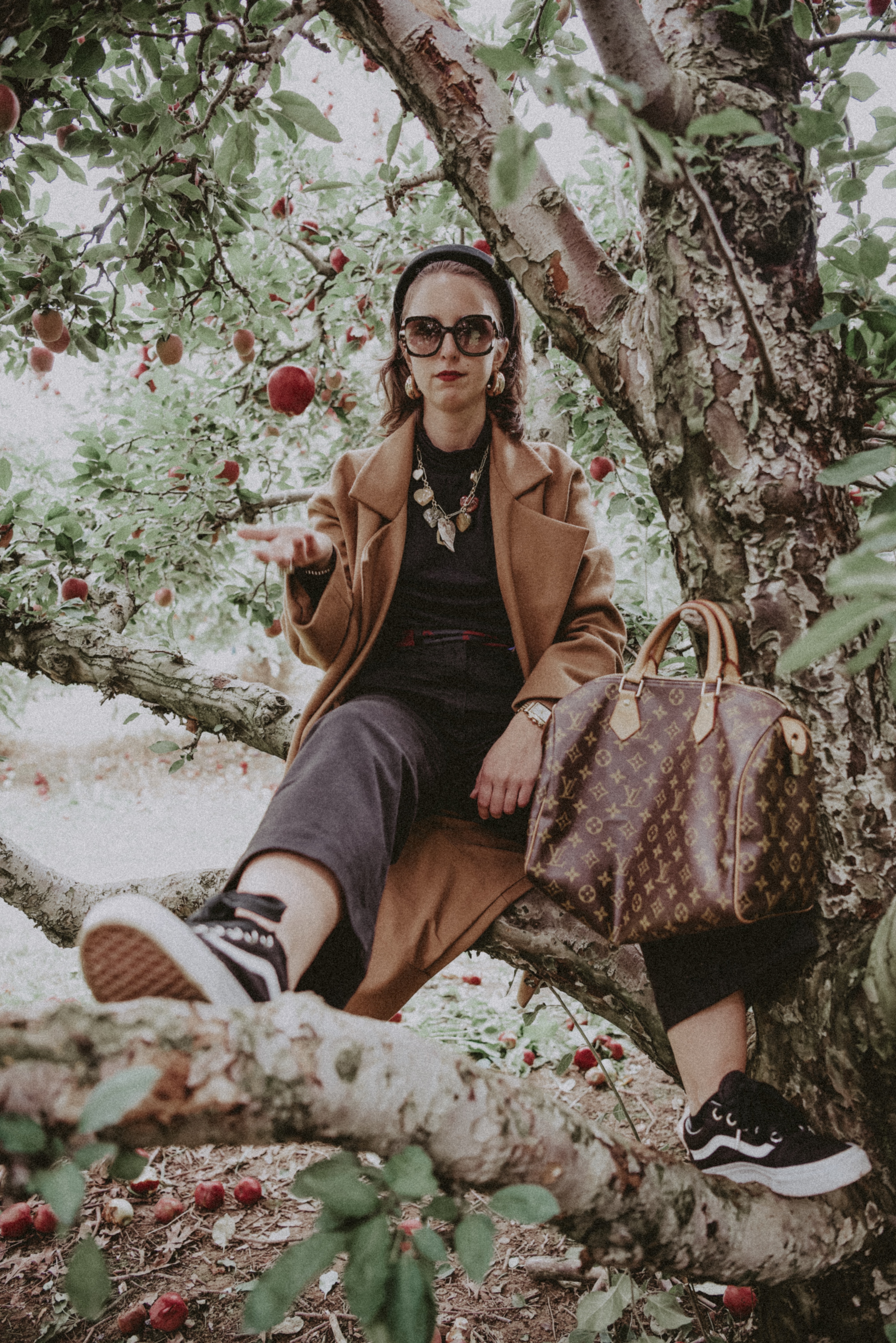 Girls Trip Apple Picking and Pumpkin Picking Outside of NYC - Simply by Simone - Simone Piliero - Photographer Riley McCarthy - Fall Fashion - Fall Outfit - Fall Style - Apples - Tree - Louis Vuitton #fashion - Camel Coat - Black Jeans - Vans Sneakers - fashion poses - #outfit #style #fallfashion #falloutfit #westchestercounty #dutchesscounty #nyc #northofnyc #suburbs #pumpkinpicking #bloggerstyle 
