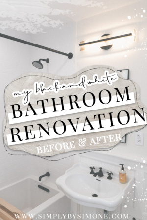 Simply by Simone - Simone Piliero - My Black and White Bathroom Renovation - Finished Photos - Bathtub and Shower Shelves - Before and After #bathroom #home #renovation #bathroomrenovation #diyhome #bathroomtiles #bathroomdecor #bathroomideas #bathroomrenovationideas