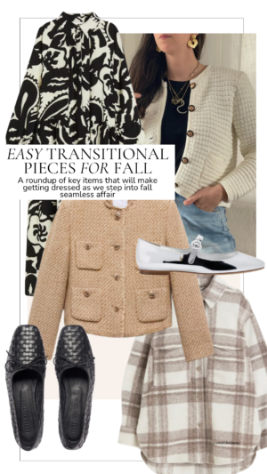 Collage of transitional fall items to add to your closet including a shacket, woven leather flats, mary janes and a printed maxi dress
