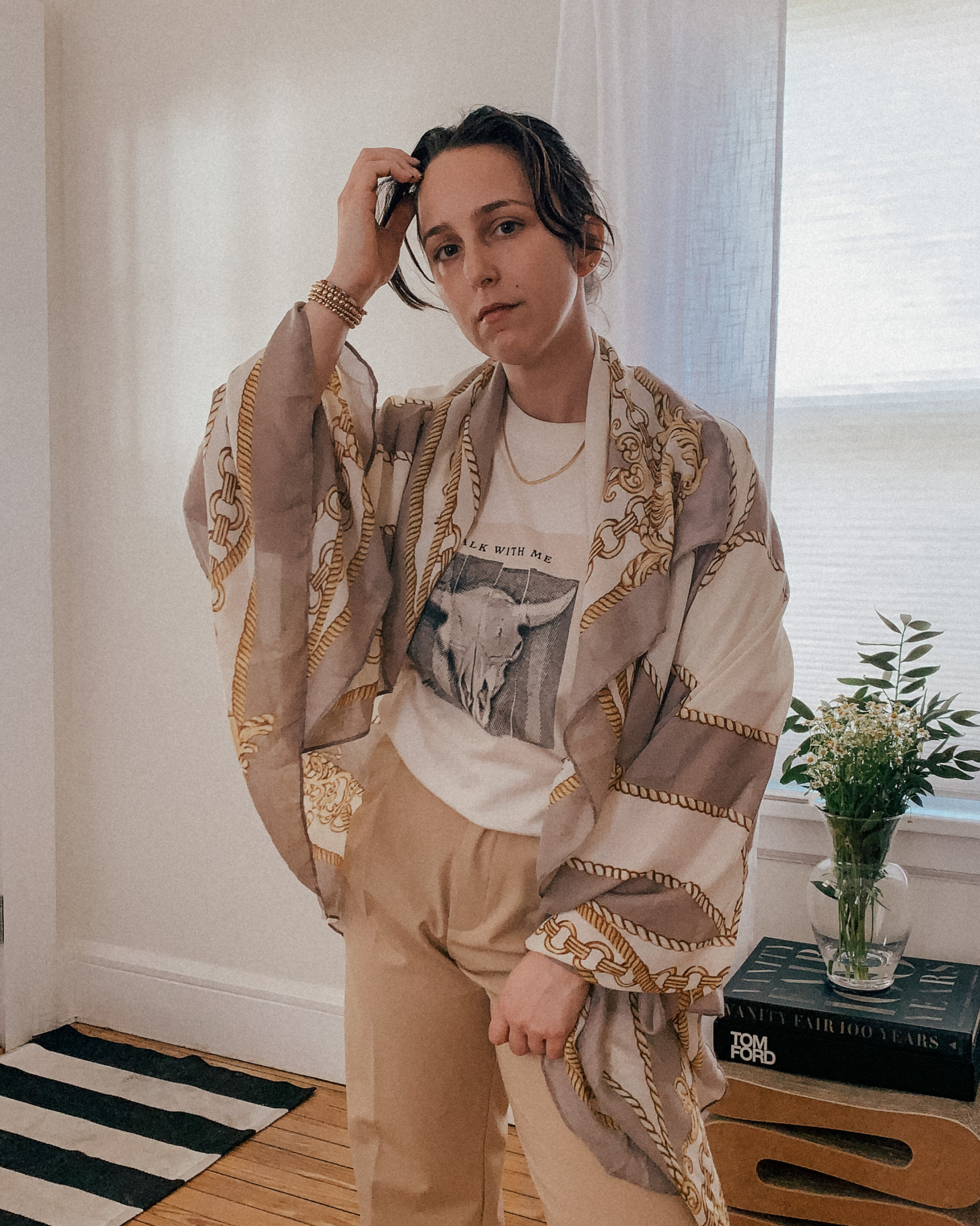 Spring Style Favorites: Accessories - camel and cream chain print scarf from H&M at the SoNo Collection in Norwalk Connecticut - Simply by Simone - Simone Piliero Arena