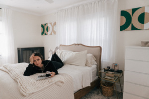 Spacekit: Customizable Artwork That Won't Damage Your Walls - Simone and Spacekit art on both sides of bed. #BEDROOM #ARTWORK #DECOR #HOMEDECOR #WALLART