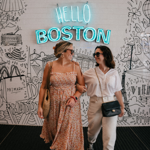Jackie Giardina and Simply by Simone with Hello Boston Neon Sign inside Primark Boston - Three Day Getaway to Boston Massachusetts Simply by Simone