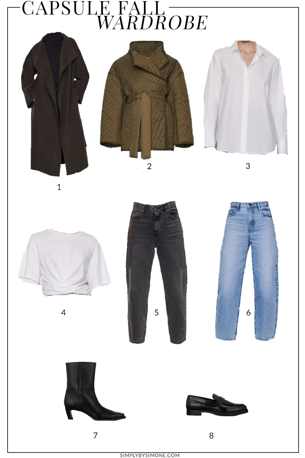 Frame Clothing Fall Capsule Wardrobe Items | 8 Pieces, 24 Outfits | How to Build a Capsule Wardrobe | Frame Clothing Fall Clothes | Outfit Inspiration | 24 Fall Weather Outfit Ideas | Fall Vacation Packing Guide | Frame Clothing Fall Capsule Wardrobe - What To Wear this Fall 2021 - Simply by Simone