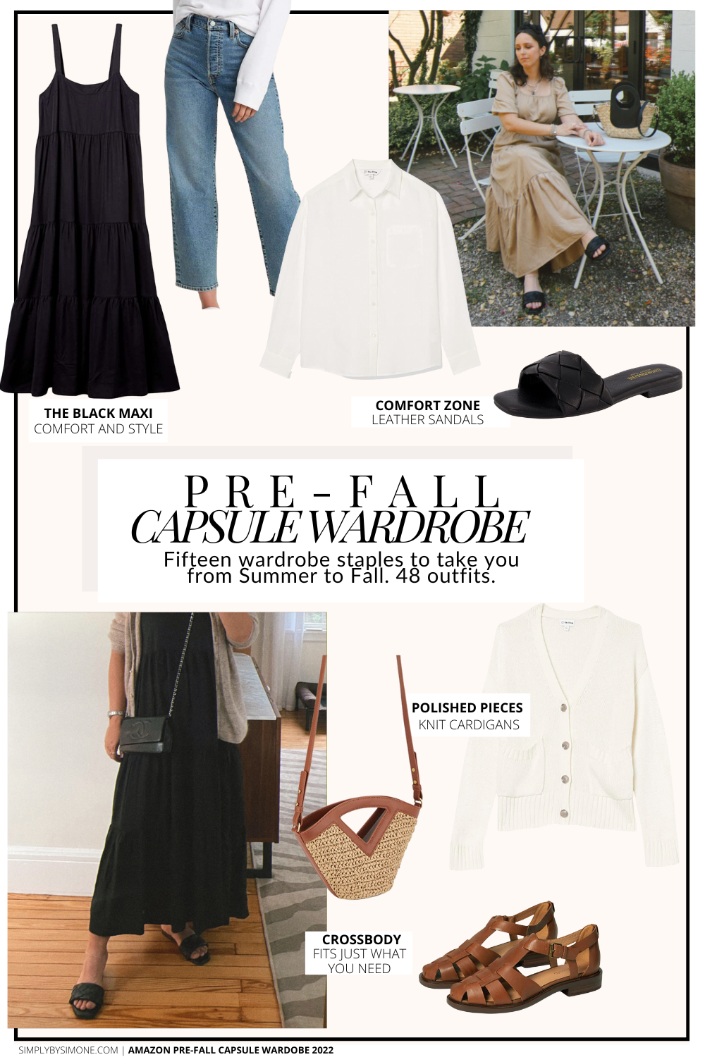 Affordable Amazon Pre-Fall Capsule Wardrobe | 15 Pieces, 48 Outfits | How to Build a Capsule Wardrobe | Amazon Fall Clothes | Outfit Inspiration | 48 Pre-Fall Weather Outfit Ideas | Fall Vacation Packing Guide | Amazon Pre-Fall Capsule Wardrobe - What To Wear This Fall 2022 | Parisian Outfit Ideas | Cover Image | Simply by Simone