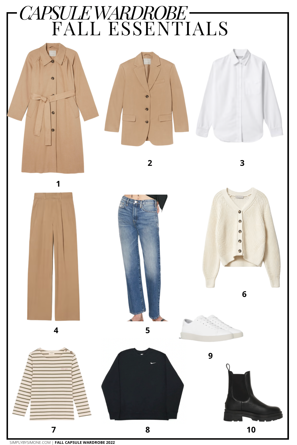 Capsule Wardrobe Essentials for Fall 2022 | 10 Essential Pieces | How to Build a Capsule Wardrobe | Fall Clothes | Outfit Inspiration | Fall Weather Outfit Ideas | Fall Vacation Packing Guide | Fall Capsule Wardrobe - What To Wear This Fall 2022 | Parisian Outfit Ideas | Items 1-10 | Simply by Simone