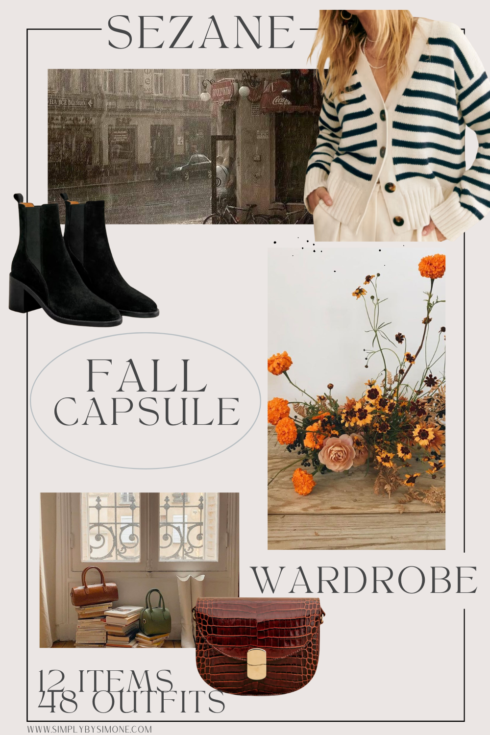 Affordable Sezane Fall Capsule Wardrobe | 12 Pieces, 48 Outfits | How to Build a Capsule Wardrobe | Sezane Fall Clothes | Outfit Inspiration | 48 Fall Weather Outfit Ideas | Fall Vacation Packing Guide | Sezane Fall Capsule Wardrobe - What To Wear This Fall 2022, Parisian Outfit Ideas | Cover Image | Simply by Simone